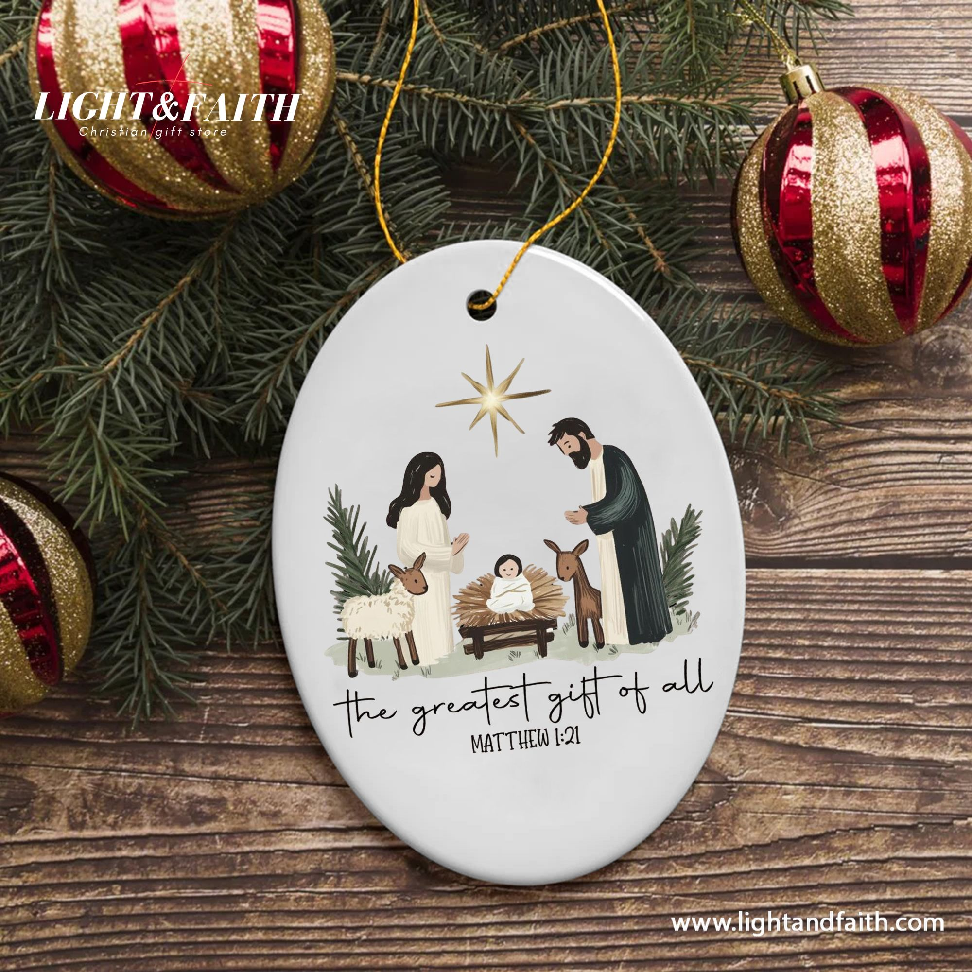 Minimalist Nativity Scene Christmas Ornament, Greatest Gift of All Matthew 1:21, Christian Holiday Decoration, Religious Xmas Tree Decor DCLAF43